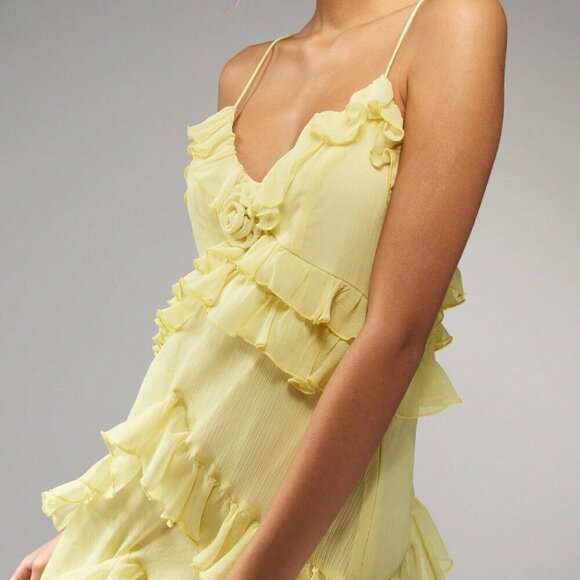 Yellow Boho Women's Ruffle Spaghetti Strap Tiered Flounce cocktail Mini Dress - Picture 3 of 6